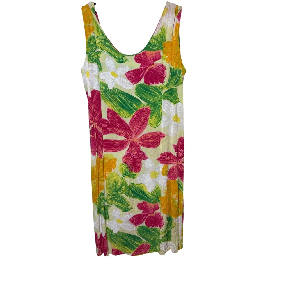 Jams World Orchadia Tropical Floral Rayon Shift Dress Pink Yellow Green Large - Picture 2 of 7